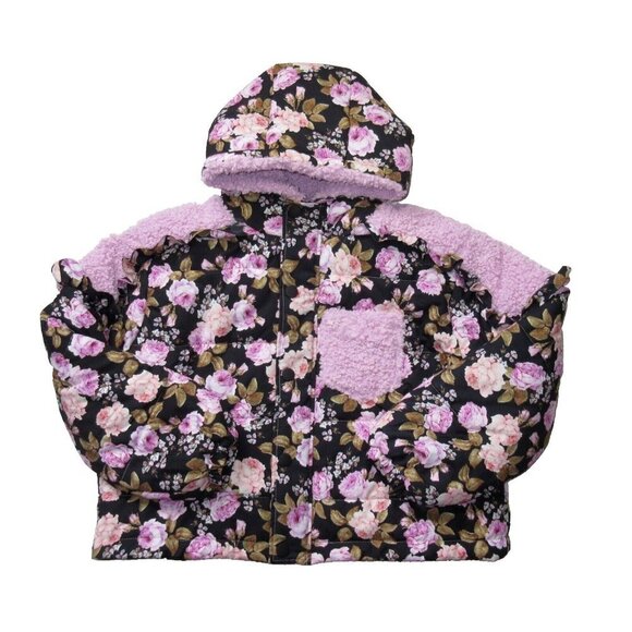 NWT For Love & Lemons Puffer Jacket in Black Pink Floral Ruffle Trim Sherpa S - Picture 1 of 8